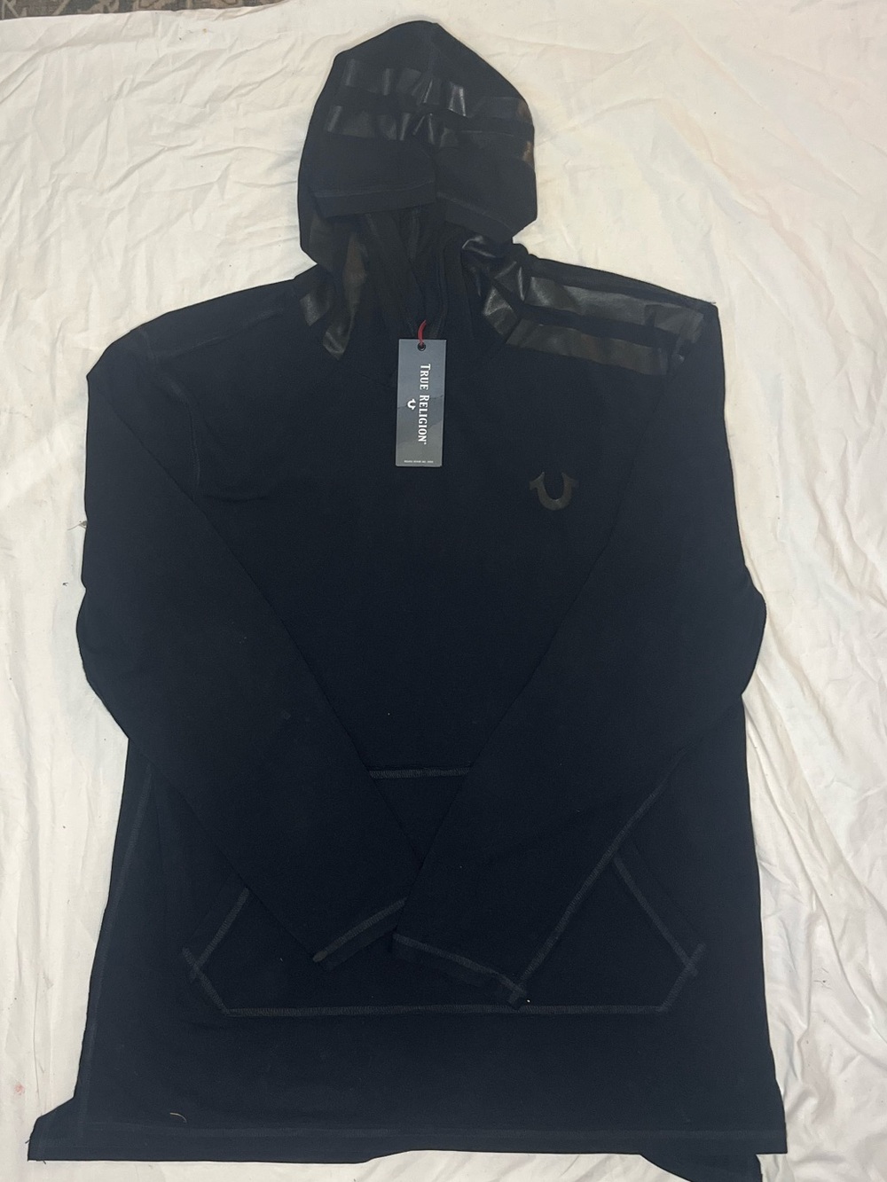 True Religion Black Hooded Zip Sweater XXL with Faux Leather Trim